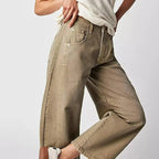 Close-up side view showing the curved seam detail and stitching on the khaki barrel jeans