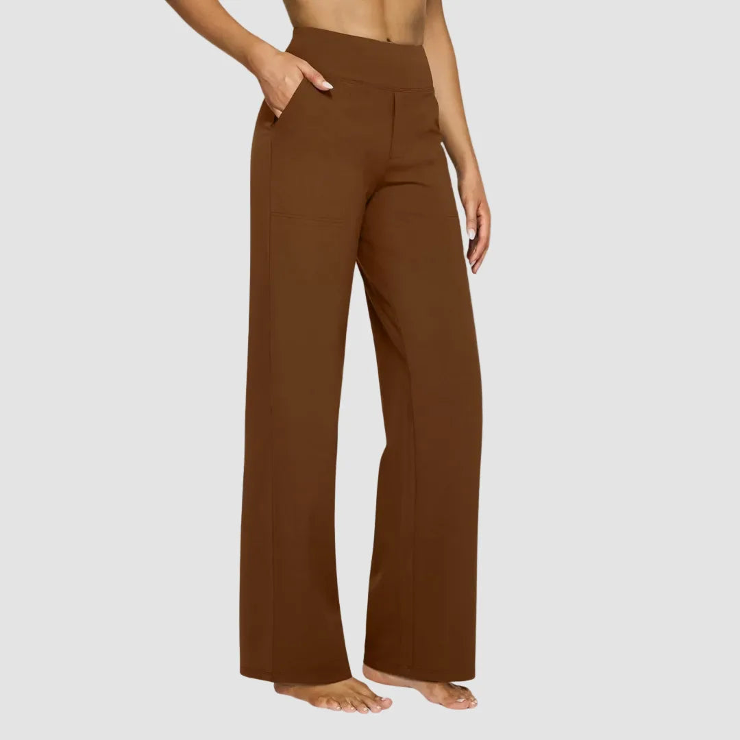 Full side profile showing the overall relaxed, straight-through-hip fit of the trousers