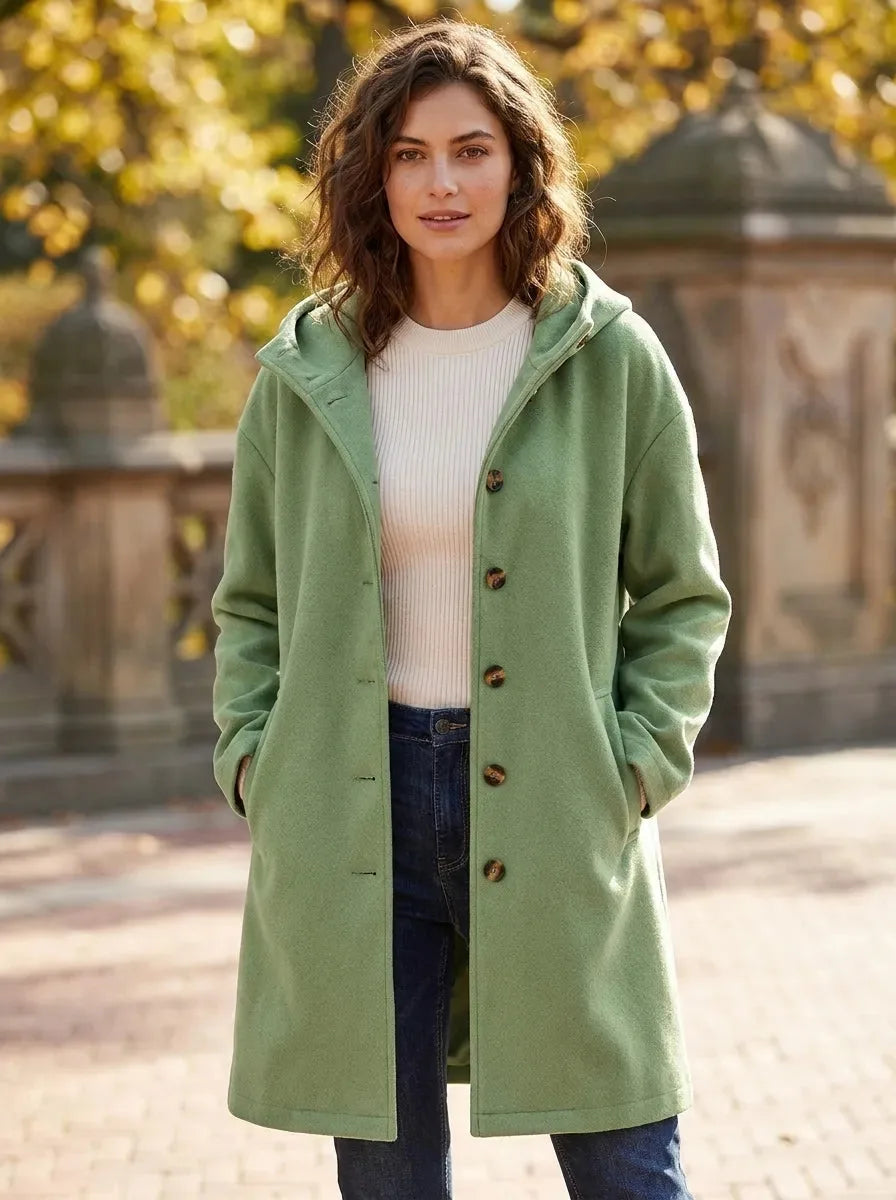 Sage green hooded coat worn open over a cream ribbed jumper, styled with jeans