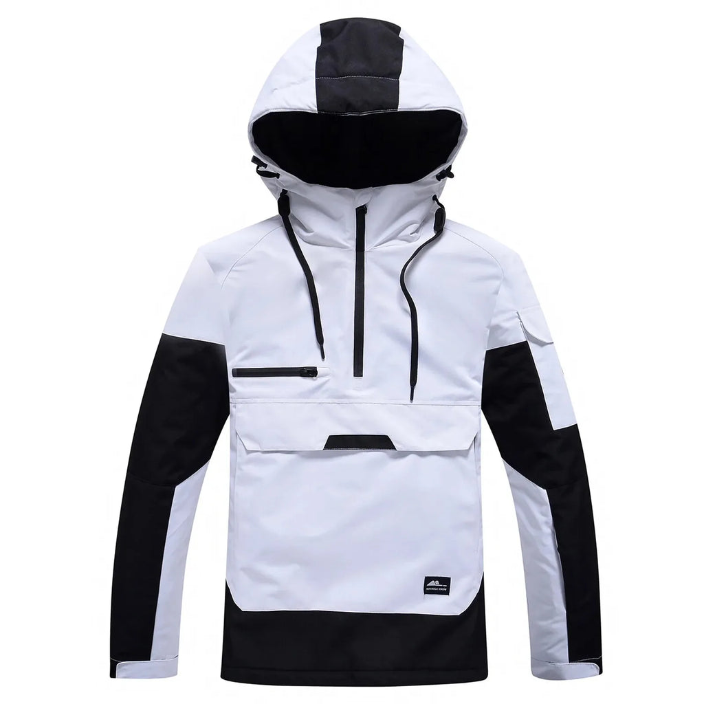 Front view of white half-zip hooded anorak jacket with black sleeve panels and kangaroo pocket, flat lay on white background