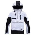 Front view of white half-zip hooded anorak jacket with black sleeve panels and kangaroo pocket, flat lay on white background