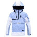Pale blue and white colour-block hooded anorak jacket with drawstring hood, flat lay on white background