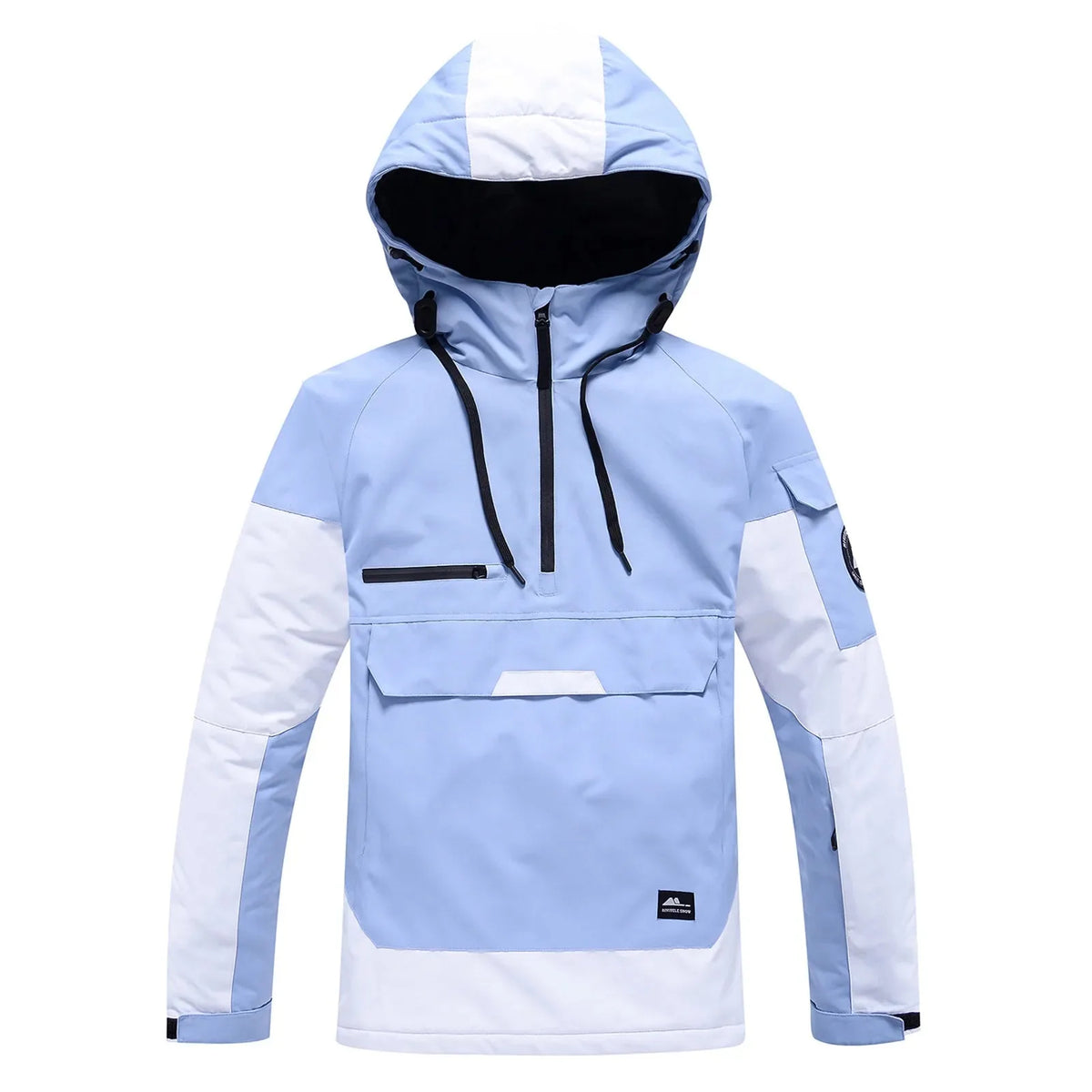 Pale blue and white colour-block hooded anorak jacket with drawstring hood, flat lay on white background