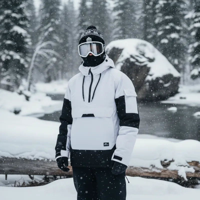 Man modelling white and black hooded ski anorak with goggles and beanie beside a snowy riverbank