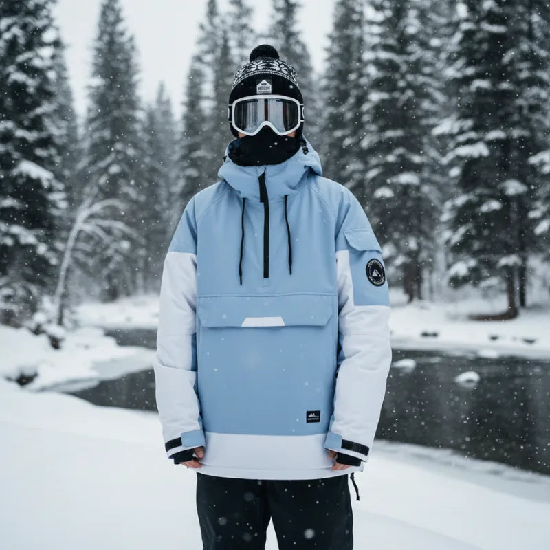 Man wearing pale blue and white hooded anorak jacket in a snowy pine forest with falling snow