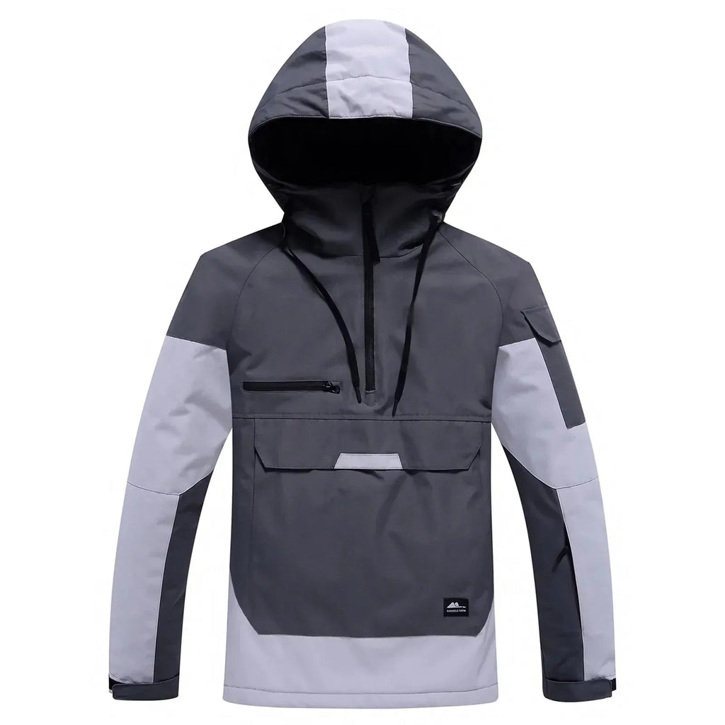 Grey and light grey two-tone hooded anorak jacket, flat lay on white background