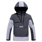 Grey and light grey two-tone hooded anorak jacket, flat lay on white background