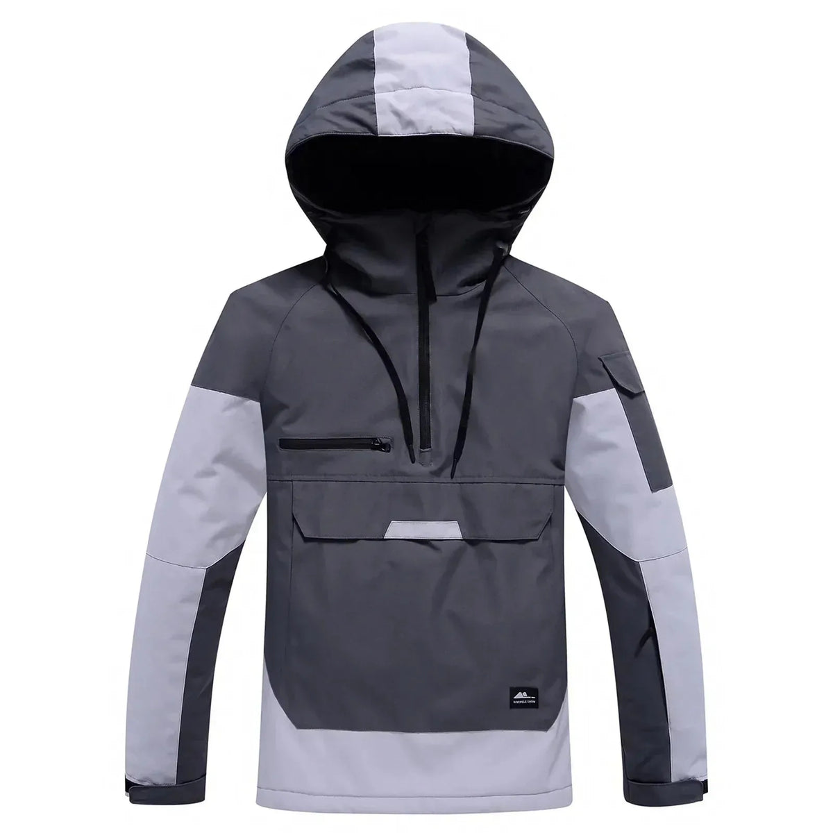Grey and light grey two-tone hooded anorak jacket, flat lay on white background