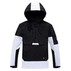 Black and white colour-block hooded anorak jacket with kangaroo pocket and drawstring hood, flat lay