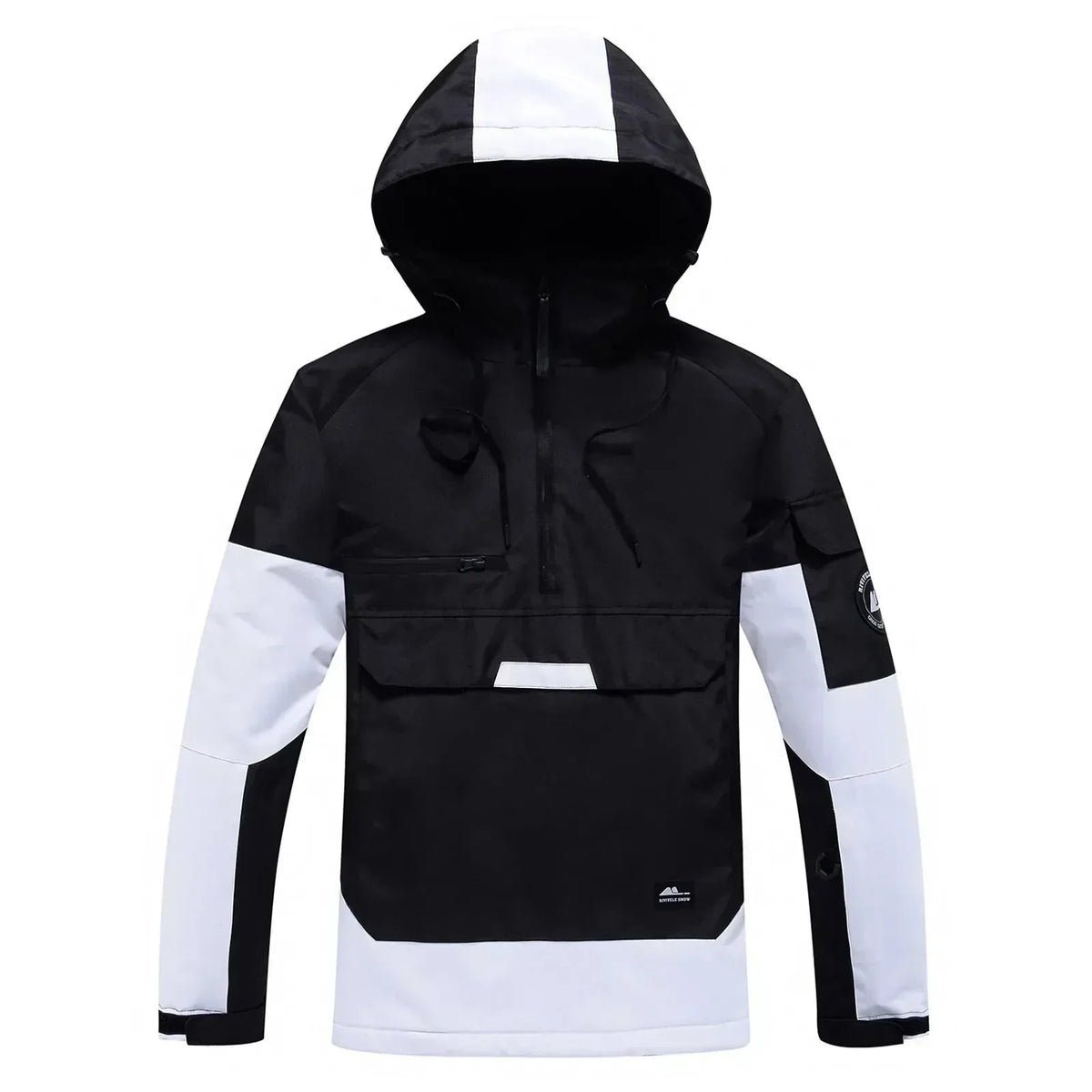 Black and white colour-block hooded anorak jacket with kangaroo pocket and drawstring hood, flat lay