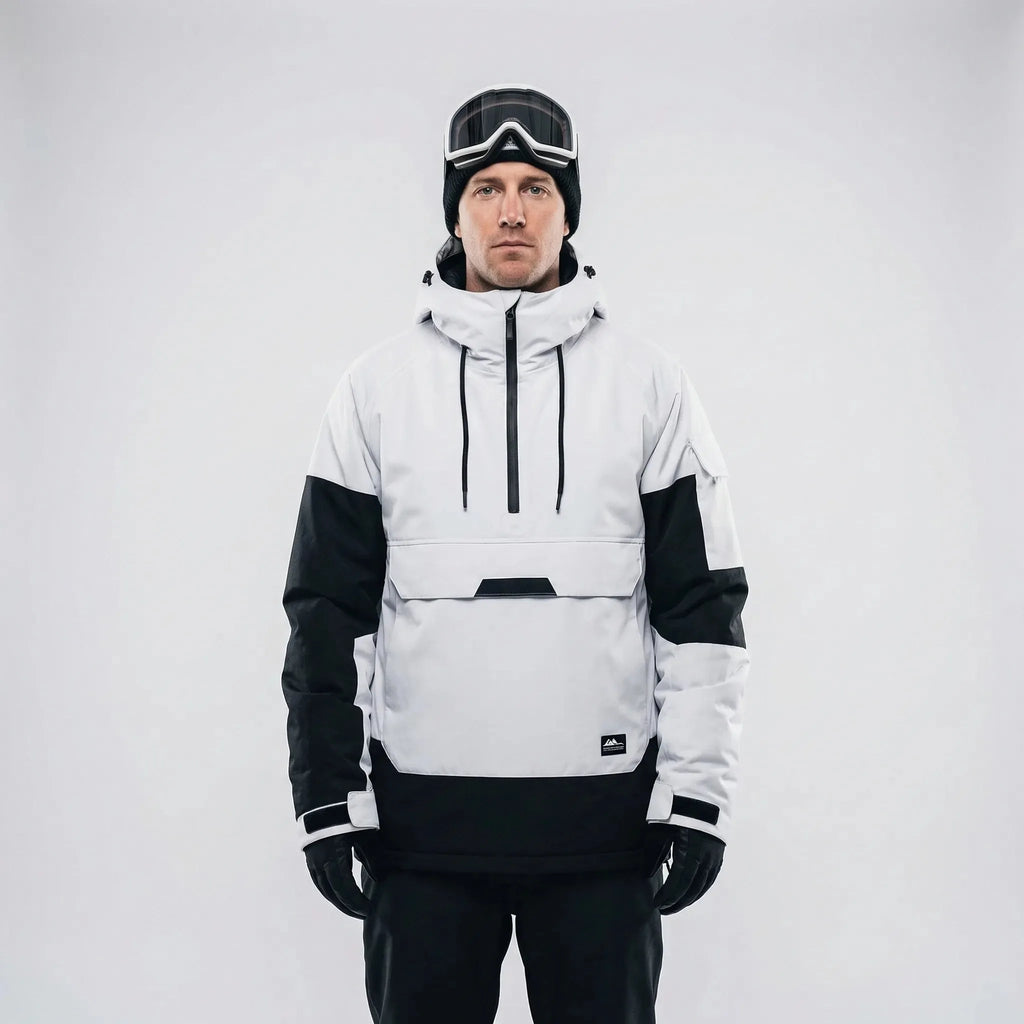 Front view of the white and black half-zip ski jacket with drawstring hood and kangaroo pocket, studio shot