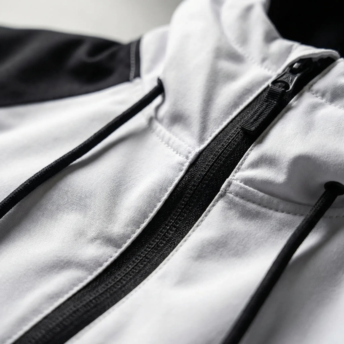 Close-up of the half-zip front with black zip pull, drawstring cords and chest zip pocket detail