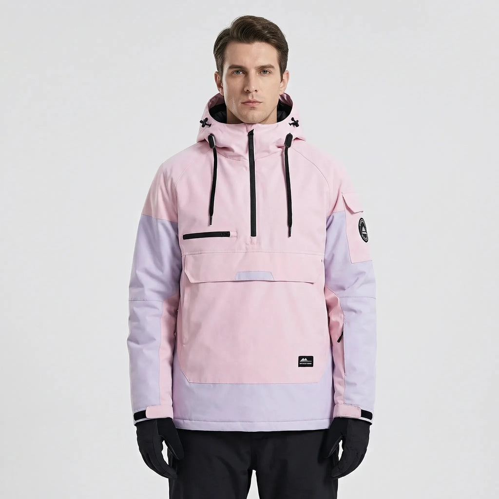 Model wearing the anorak in pink and lilac colourblock, front view with hood resting on shoulders