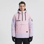 Model wearing the anorak in pink and lilac colourblock, front view with hood resting on shoulders
