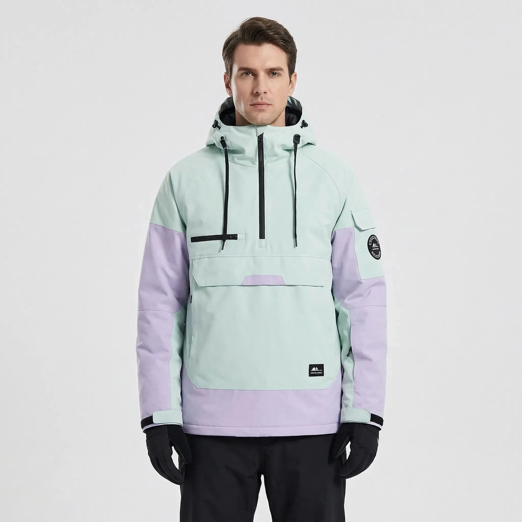 Front studio shot of the black and white two-tone anorak showing overall silhouette and fit