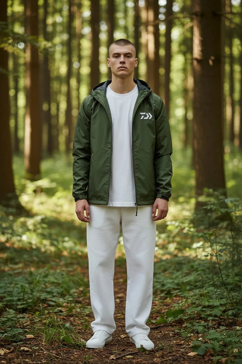 Front view of the khaki green hooded jacket fully zipped, worn with white trousers and trainers in a woodland setting.