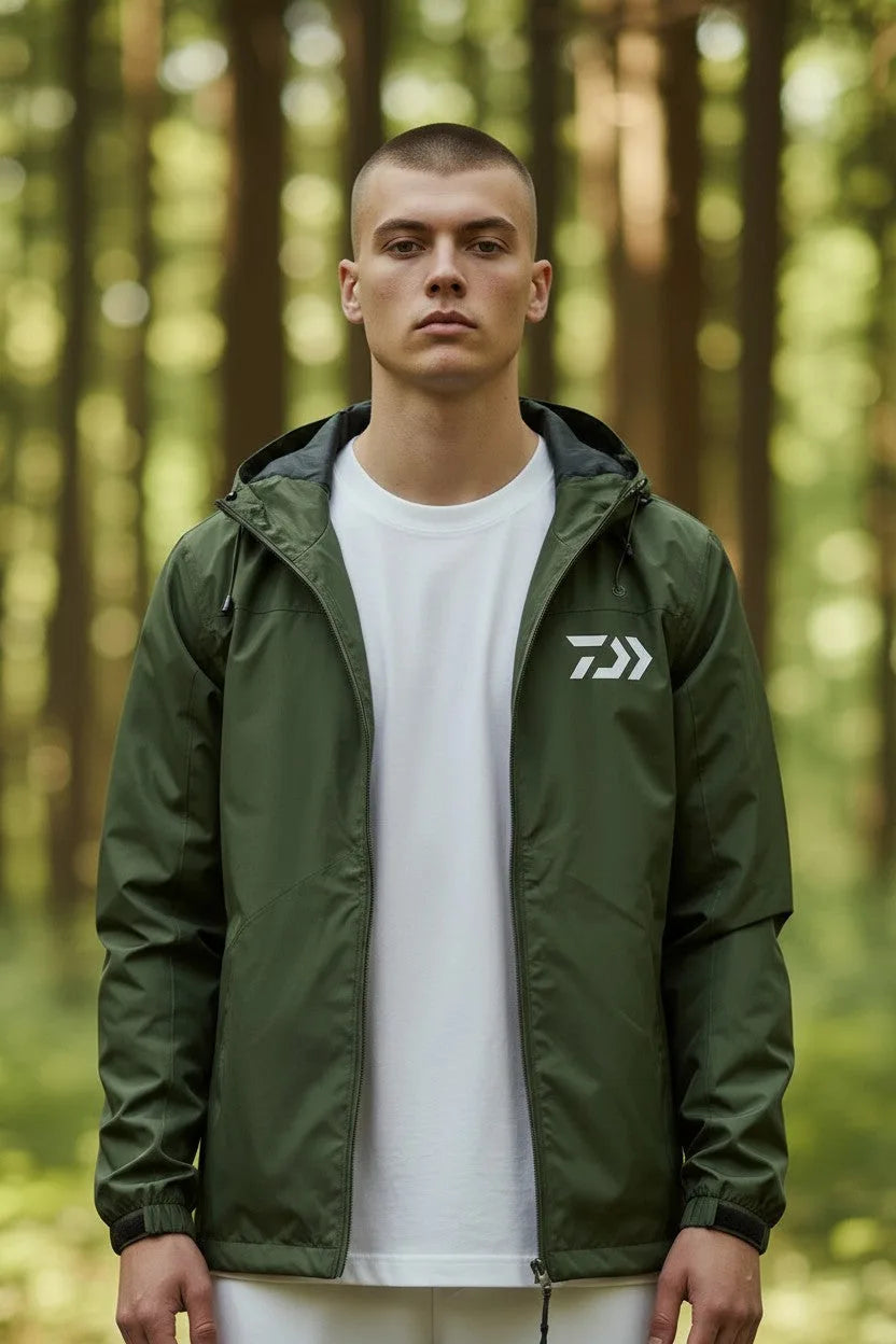Close-up front view of the khaki green hooded jacket showing the zip, hood and chest logo detail.