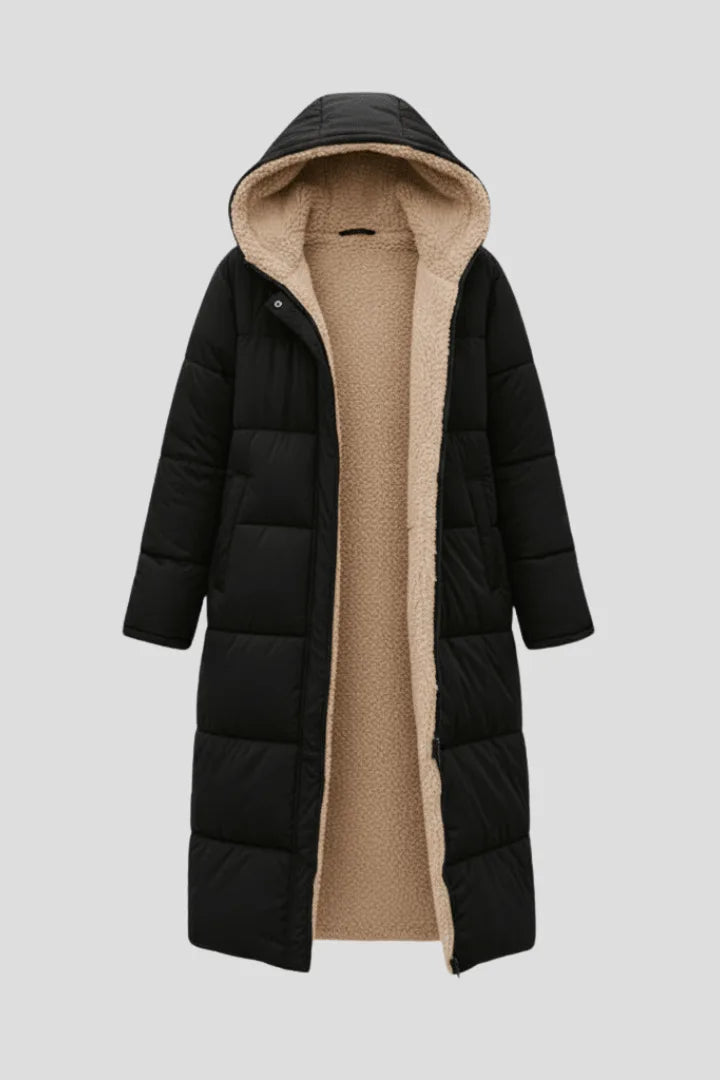 Front view of the black puffer coat laid flat with hood up, showing quilted panels and contrasting beige fleece lining