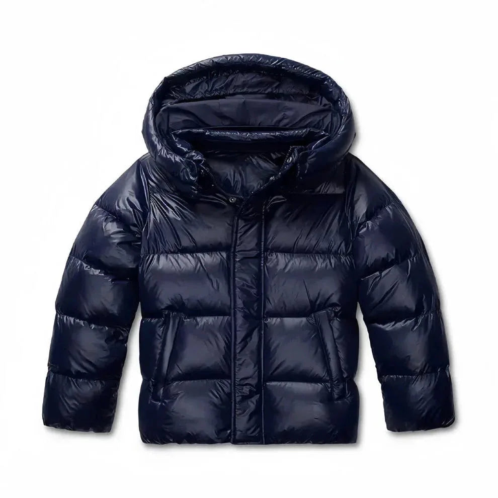 Flat lay front view of the navy puffer jacket showing hood, zip fastening and slanted side pockets
