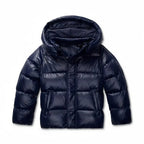 Flat lay front view of the navy puffer jacket showing hood, zip fastening and slanted side pockets