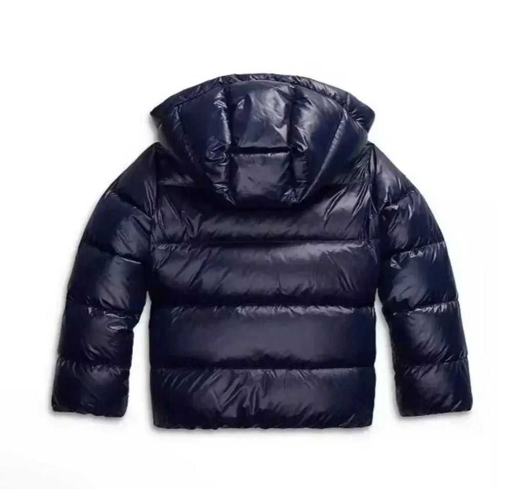 Flat lay back view of the navy puffer jacket showing quilted panelling across the shoulders and hood