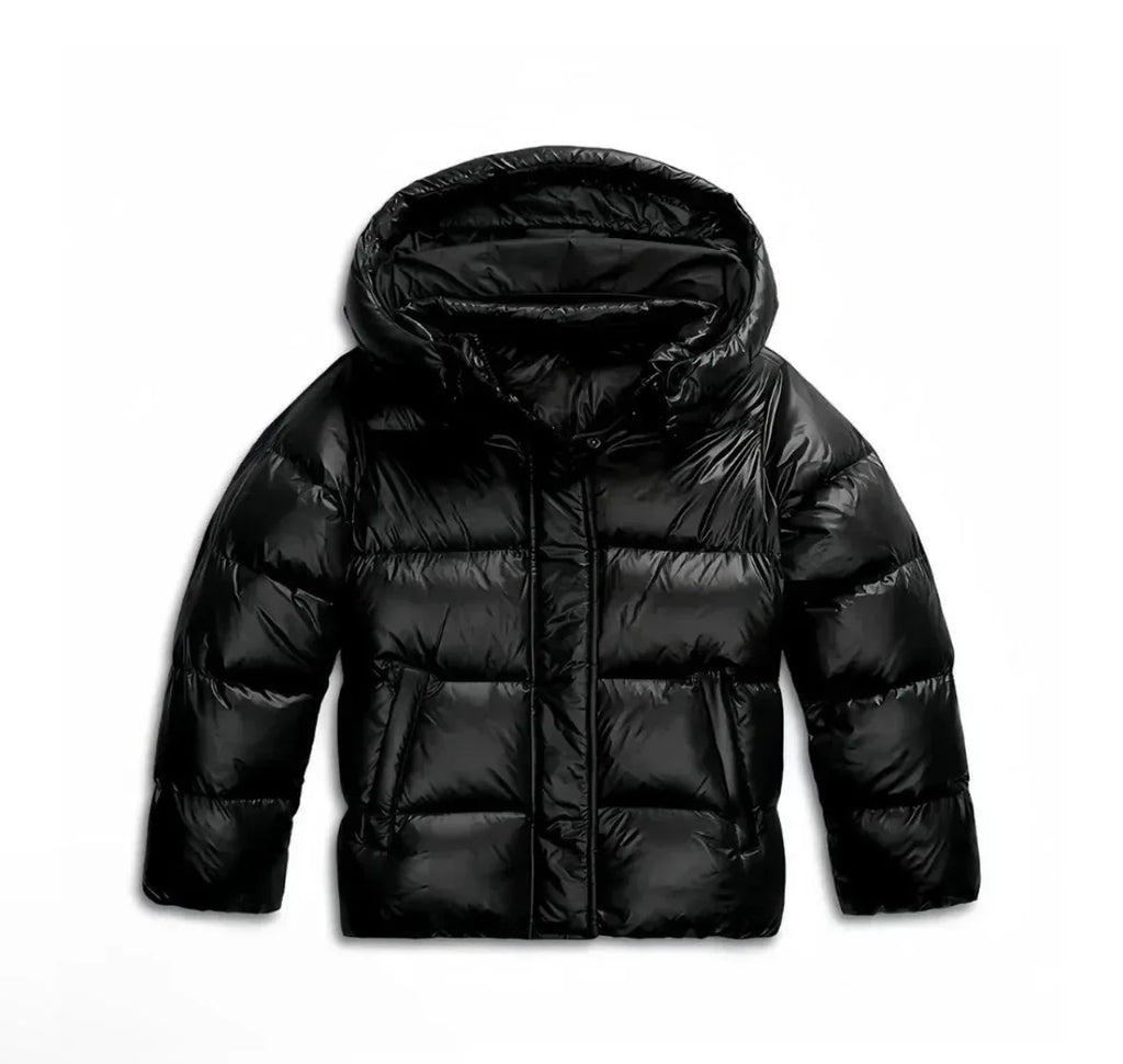 Flat lay front view of the black puffer jacket showing the glossy finish and zipped side pockets