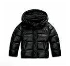 Flat lay front view of the black puffer jacket showing the glossy finish and zipped side pockets