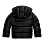 Flat lay back view of the black puffer jacket showing the structured hood and padded sleeves