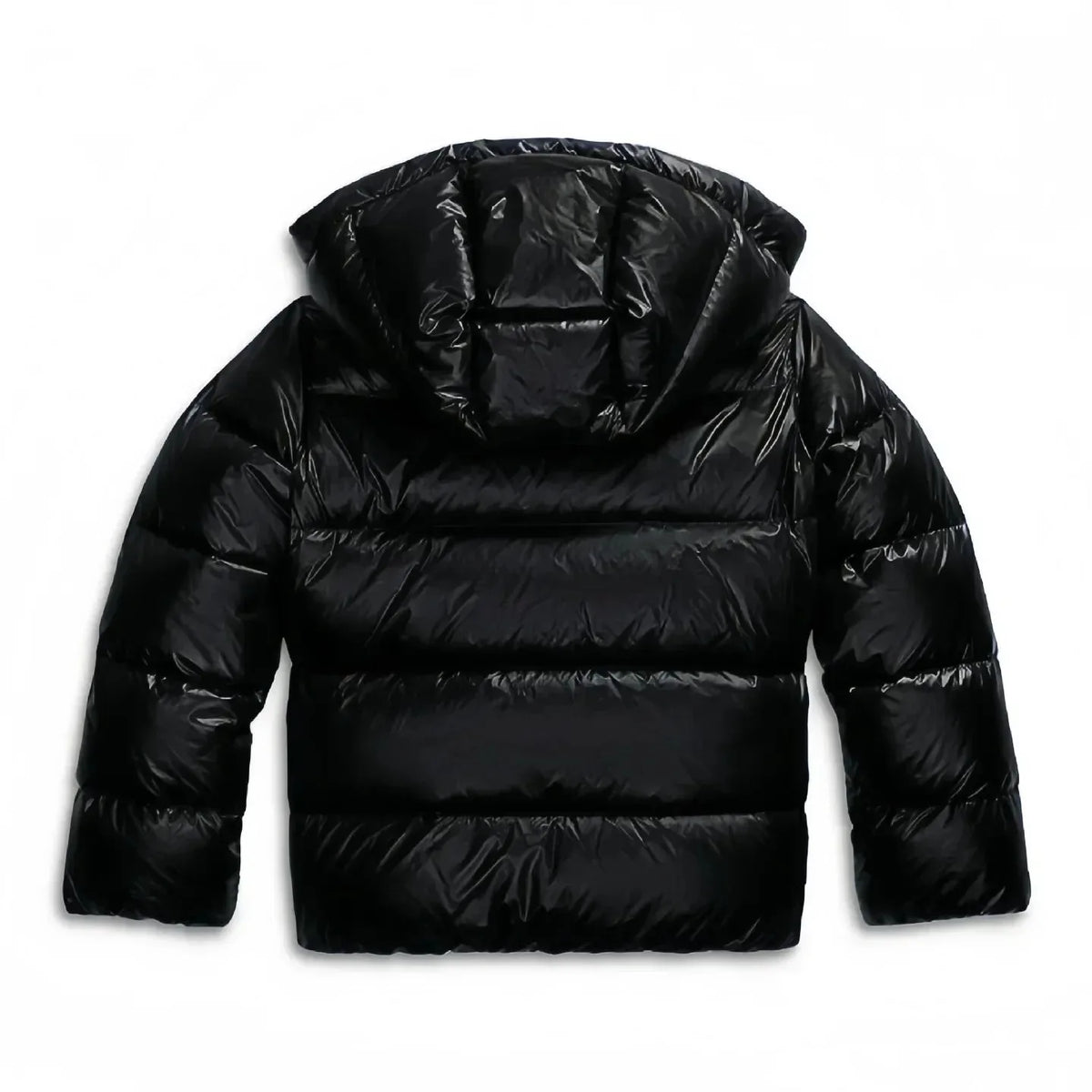 Flat lay back view of the black puffer jacket showing the structured hood and padded sleeves