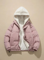 Pink puffer jacket laid flat with hood open, revealing cream sherpa fleece lining throughout hood