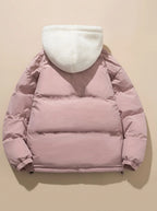 Back view of pink puffer jacket showing quilted panels and cream sherpa fleece hood