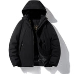 Front view of black hooded winter jacket, zip open showing camouflage-patterned lining and quilted panel