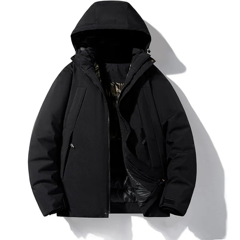 Front view of black hooded winter jacket, zip open showing camouflage-patterned lining and quilted panel