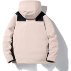 Close-up of the black jacket's zip pull and stand collar with hood attachment point