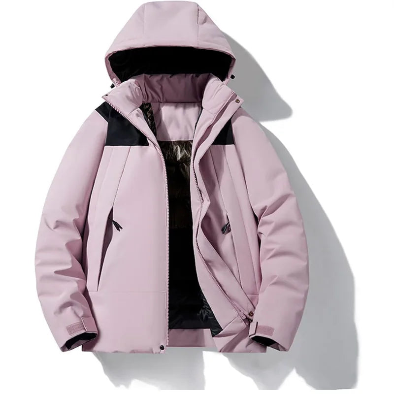 Front three-quarter view of khaki jacket showing hood, collar and slanted zip pockets
