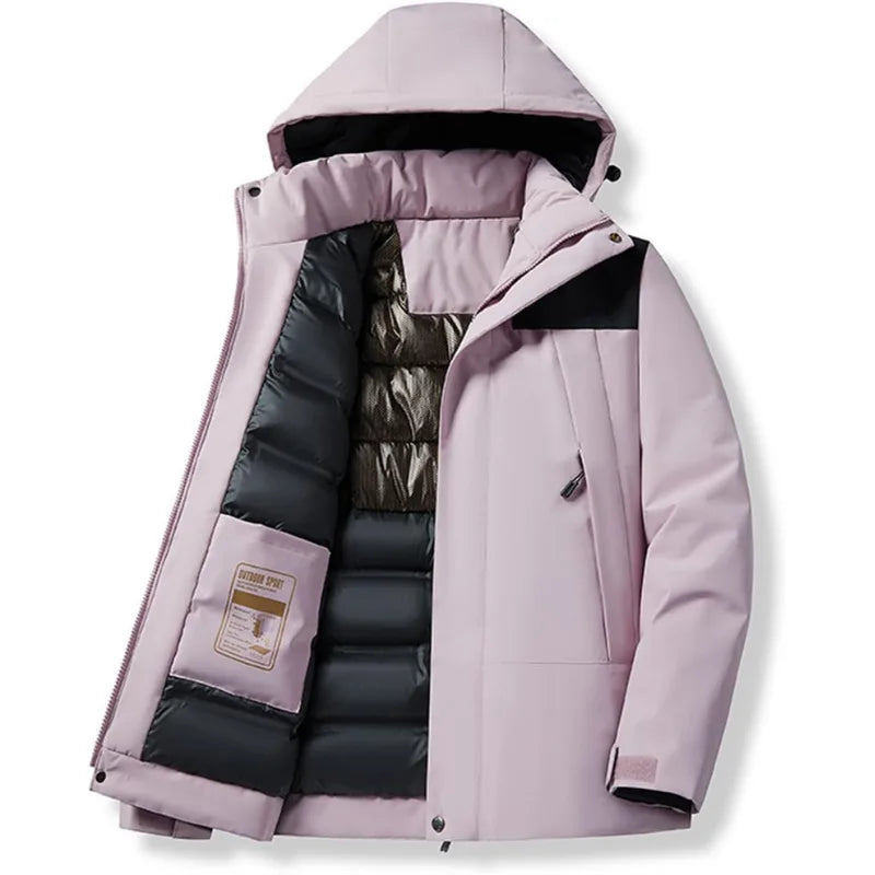 Close-up of khaki jacket's stand collar and adjustable hood drawstring toggle