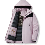 Close-up of khaki jacket's stand collar and adjustable hood drawstring toggle