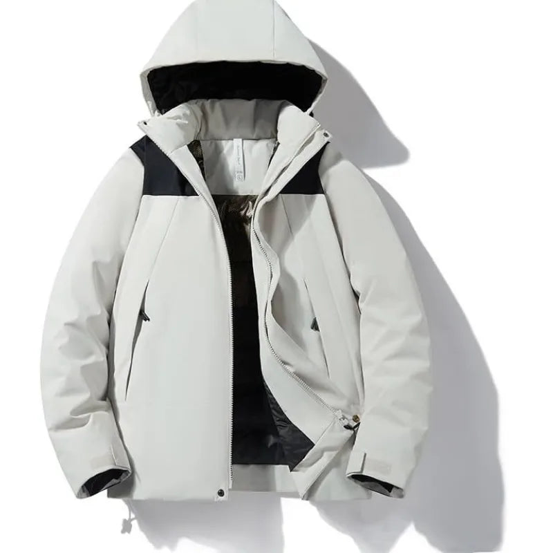 Full front view of black jacket laid flat, showing overall relaxed fit and hood shape