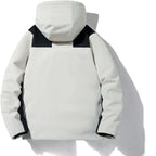 Full front view of khaki jacket laid flat, showing overall silhouette and colour-block detailing