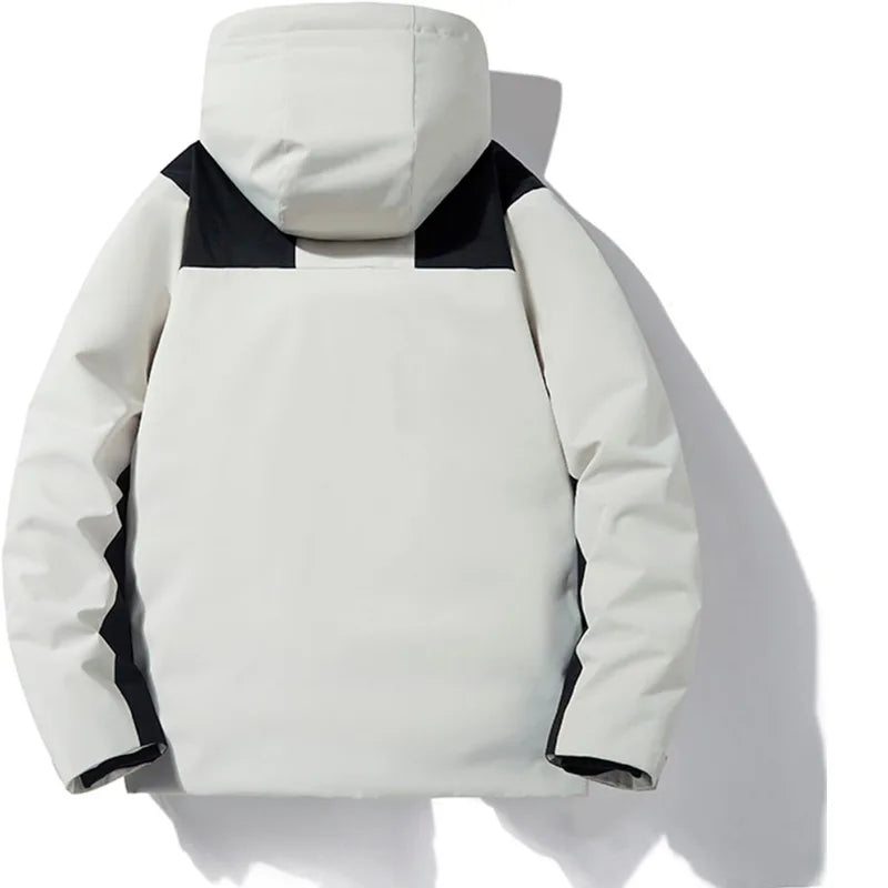 Full front view of khaki jacket laid flat, showing overall silhouette and colour-block detailing