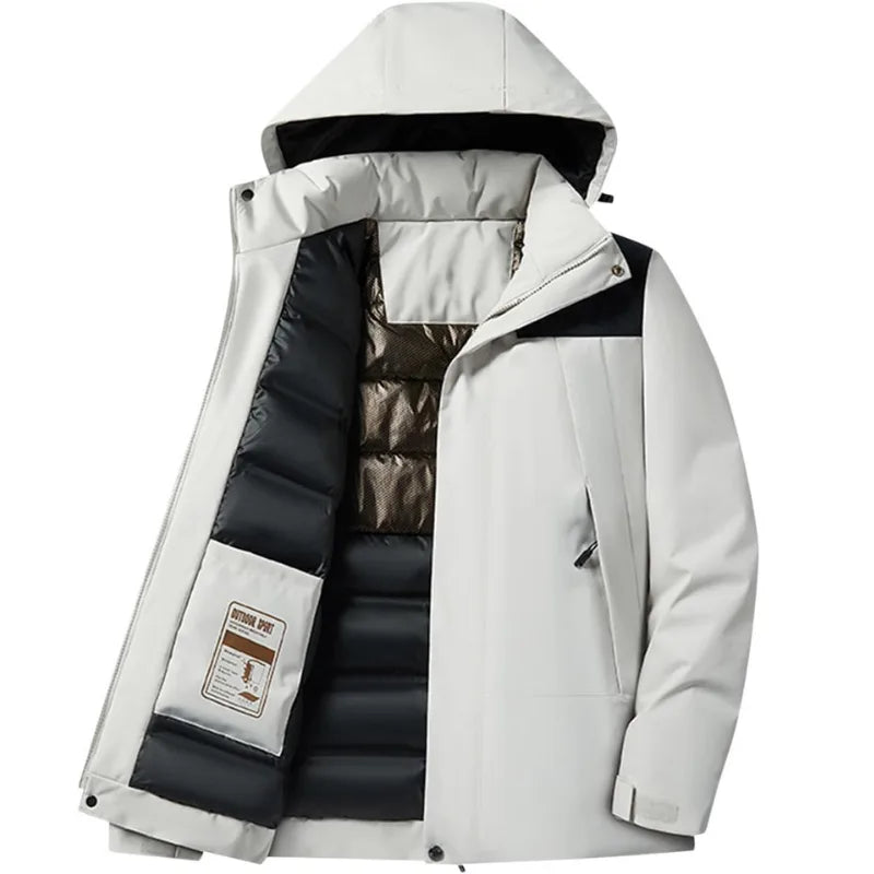 Close-up of the jacket's hood construction showing structured brim and drawstring adjuster