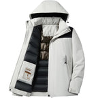 Close-up of the jacket's hood construction showing structured brim and drawstring adjuster