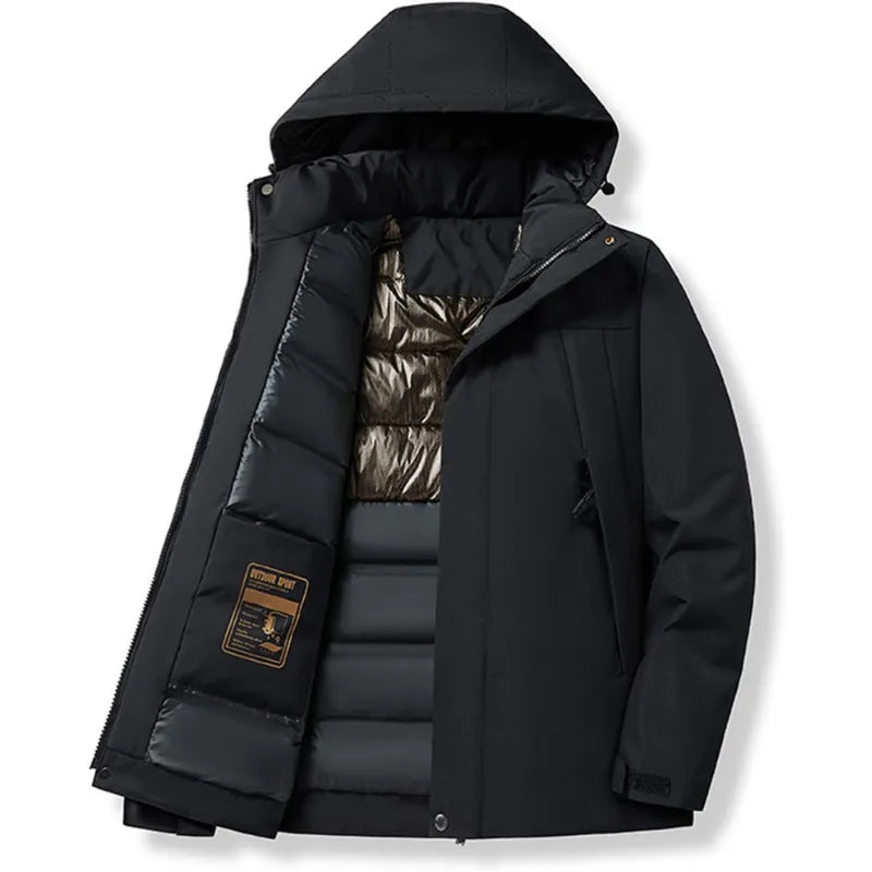 Black winter jacket unzipped, close-up of gold Outdoor Sport patch and shimmering quilted inner lining