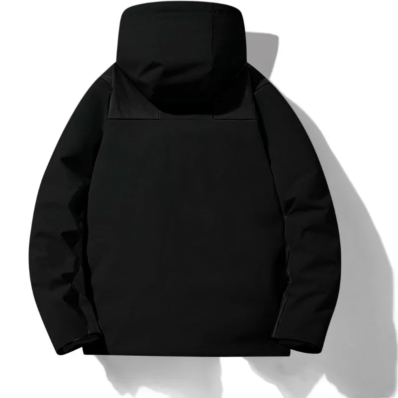 Back view of black hooded jacket showing contrast panel at the shoulders and relaxed silhouette