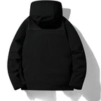 Back view of black hooded jacket showing contrast panel at the shoulders and relaxed silhouette