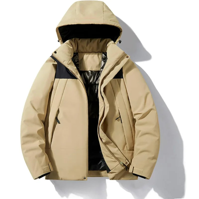 Front view of khaki hooded winter jacket with navy shoulder panel and full front zip