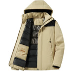 Khaki jacket unzipped revealing black quilted lining and Outdoor Sport branded patch on the chest