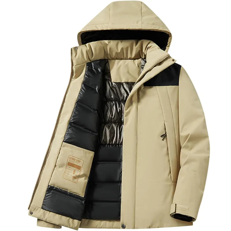 Khaki jacket unzipped revealing black quilted lining and Outdoor Sport branded patch on the chest