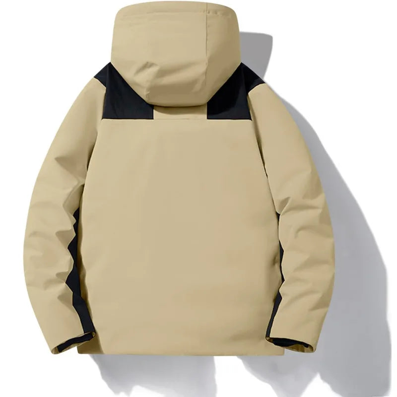 Back view of khaki hooded jacket showing navy contrast panels across the shoulders and hood