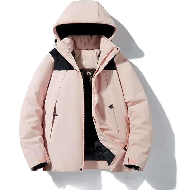 Front view of black hooded jacket fully zipped with hood up, showing structured shape